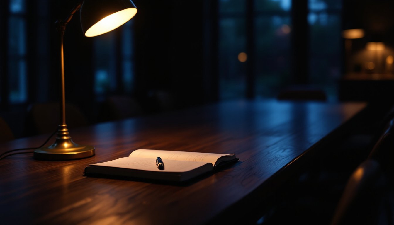 A reading-room table at dusk, one brass lamp lit over an open notebook and a fountain pen.