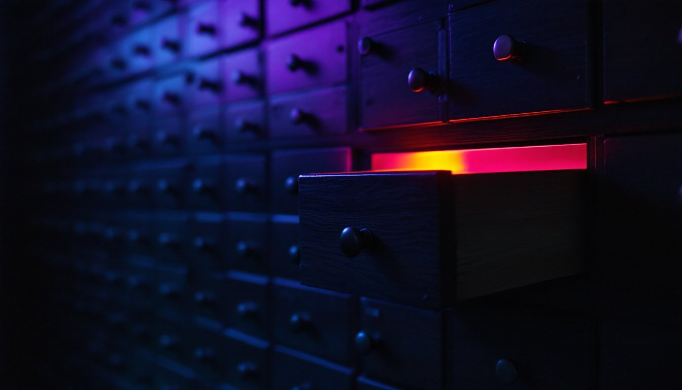 A wall of many small unmarked drawers in shadow, one pulled open with light glowing from inside it.