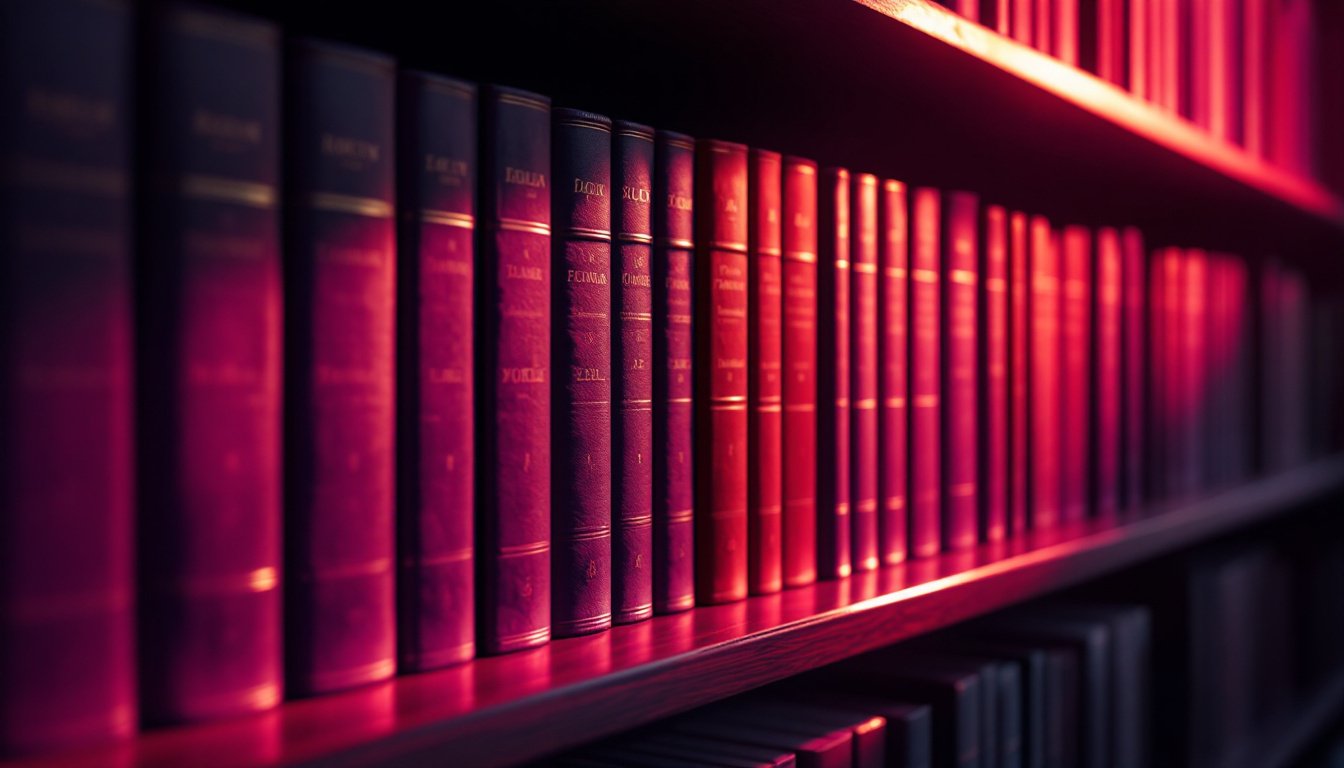 A long run of bound periodicals on a library shelf, spines squared, one volume drawn slightly forward.