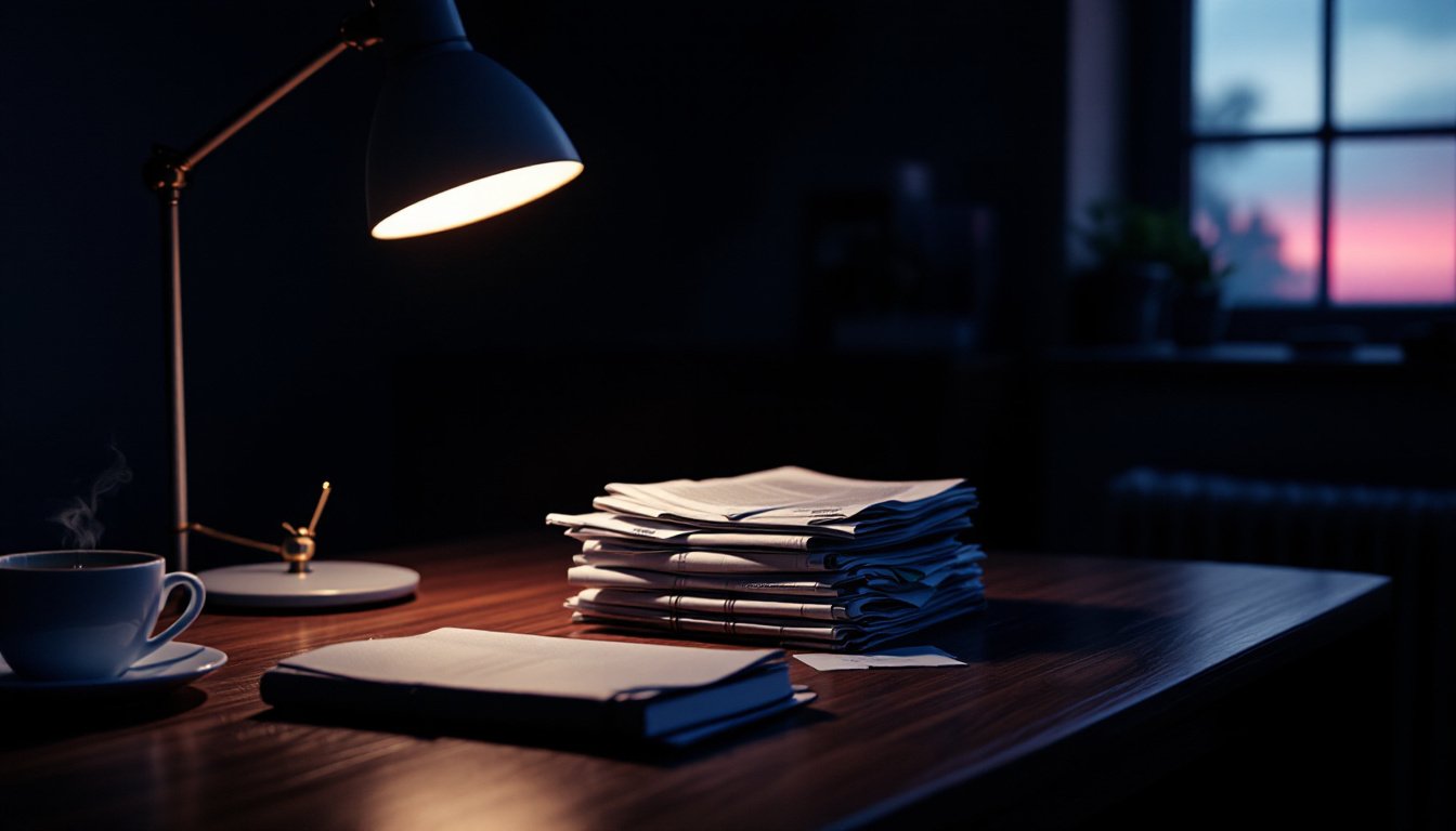 A quiet editorial desk at first light, clippings squared into a single stack under a lamp.
