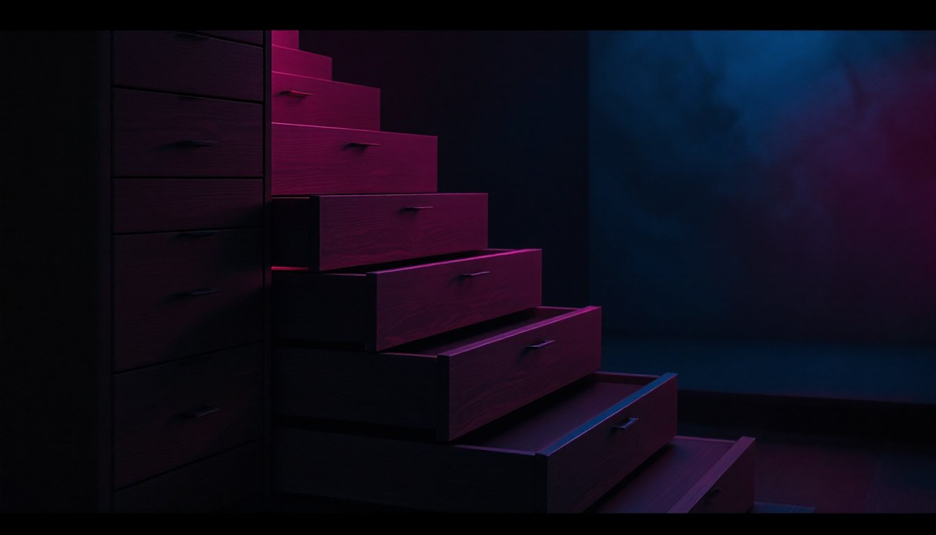 A plan chest of seven shallow drawers, each pulled open one step further than the last, forming a staircase of shadow.